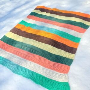 Handmade Striped Crochet Blanket in Coral, Teal & Cream
